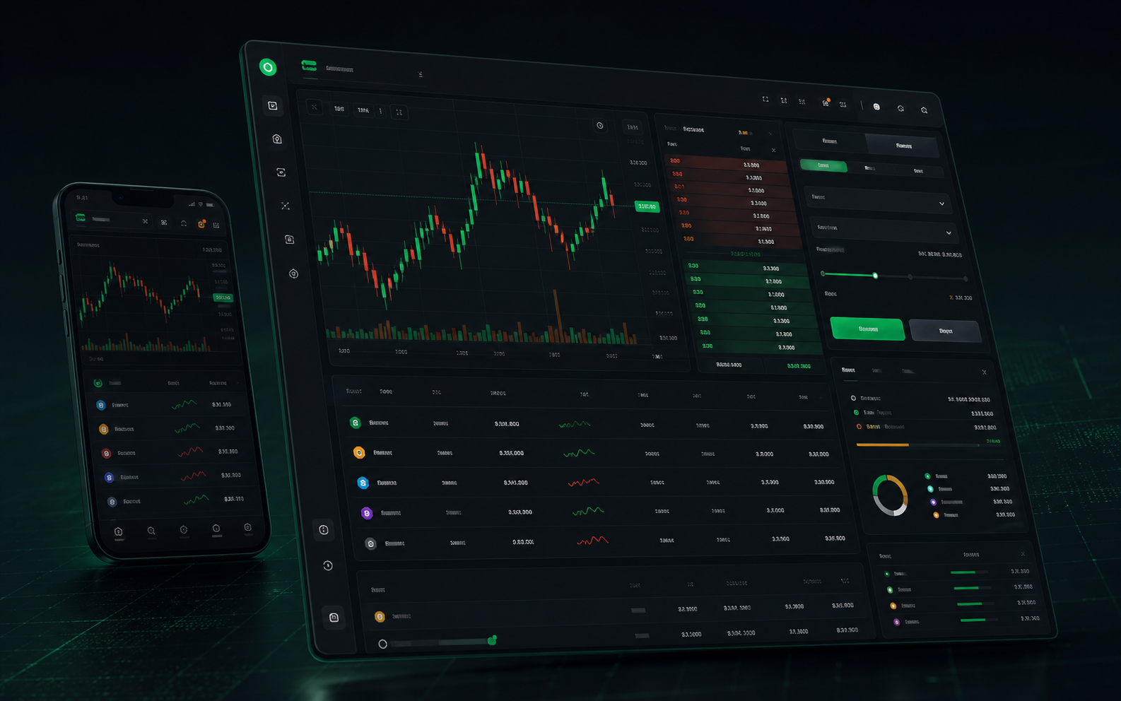 Abstract mock trading terminal dashboard with chart, wallet rows and order controls